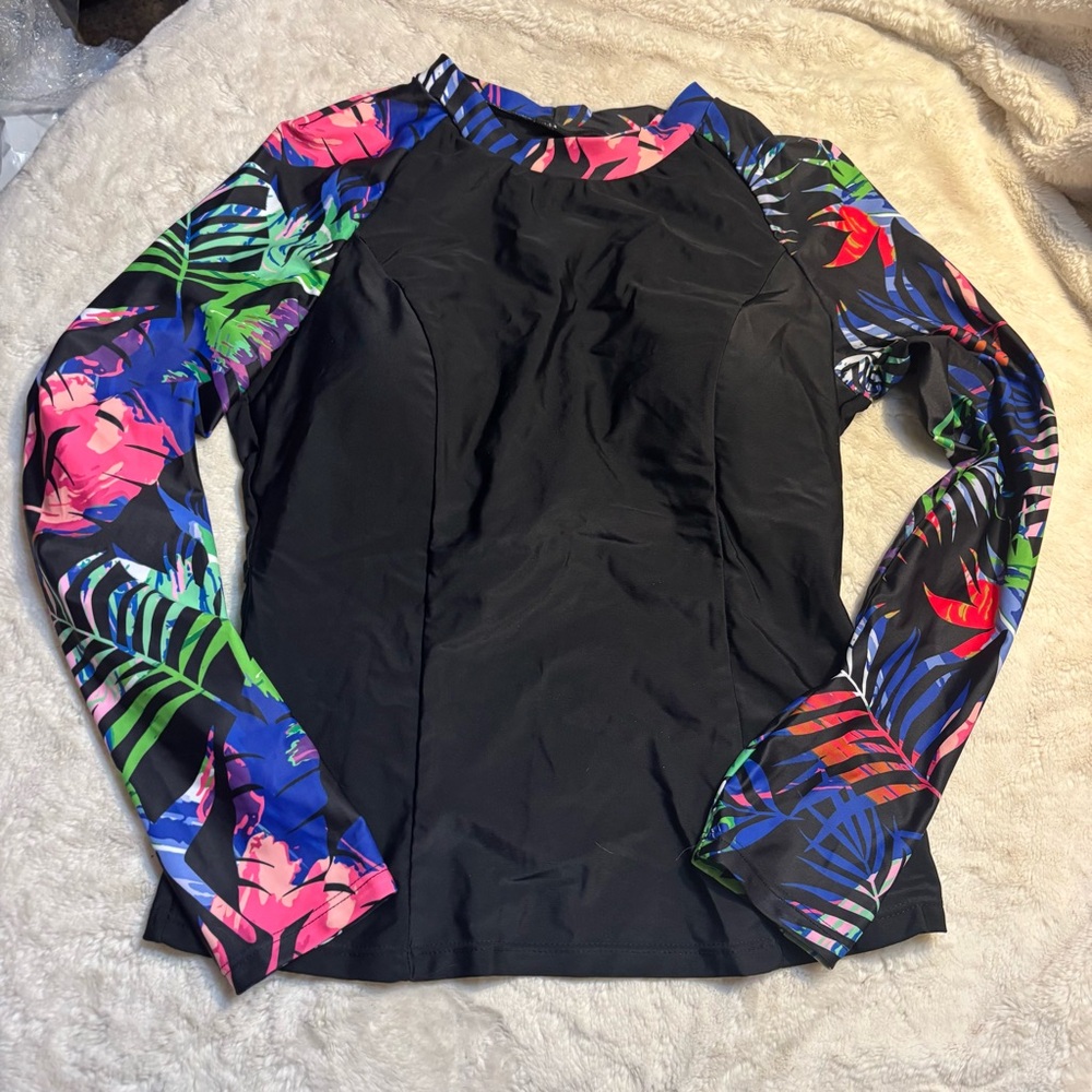 NEW BesserBay Rashguard Large Black Long Sleeve Tropical Floral Raglan Swim Tee - Picture 10 of 15